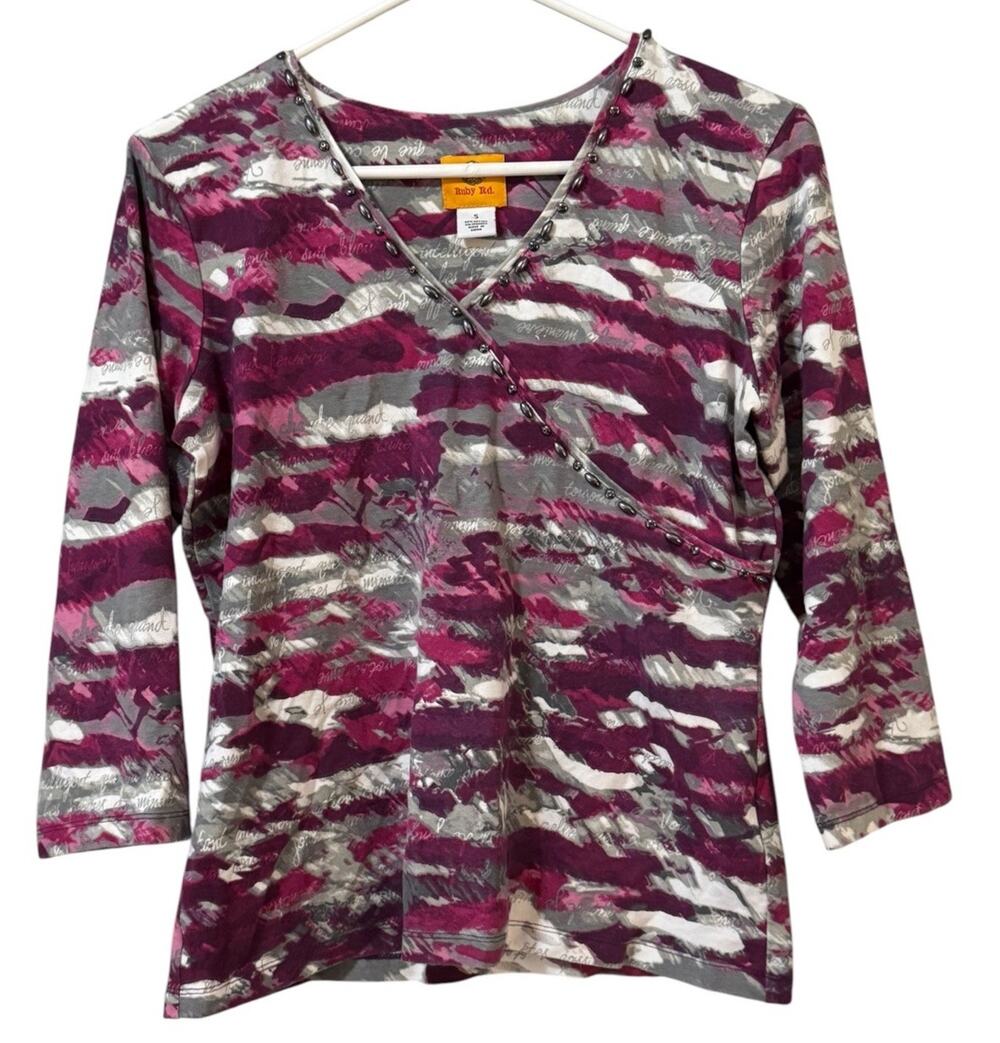 Ruby Rd. Lightweight Blouse V Neck Stretch Women Size Small 3/4 Sleeve Classic